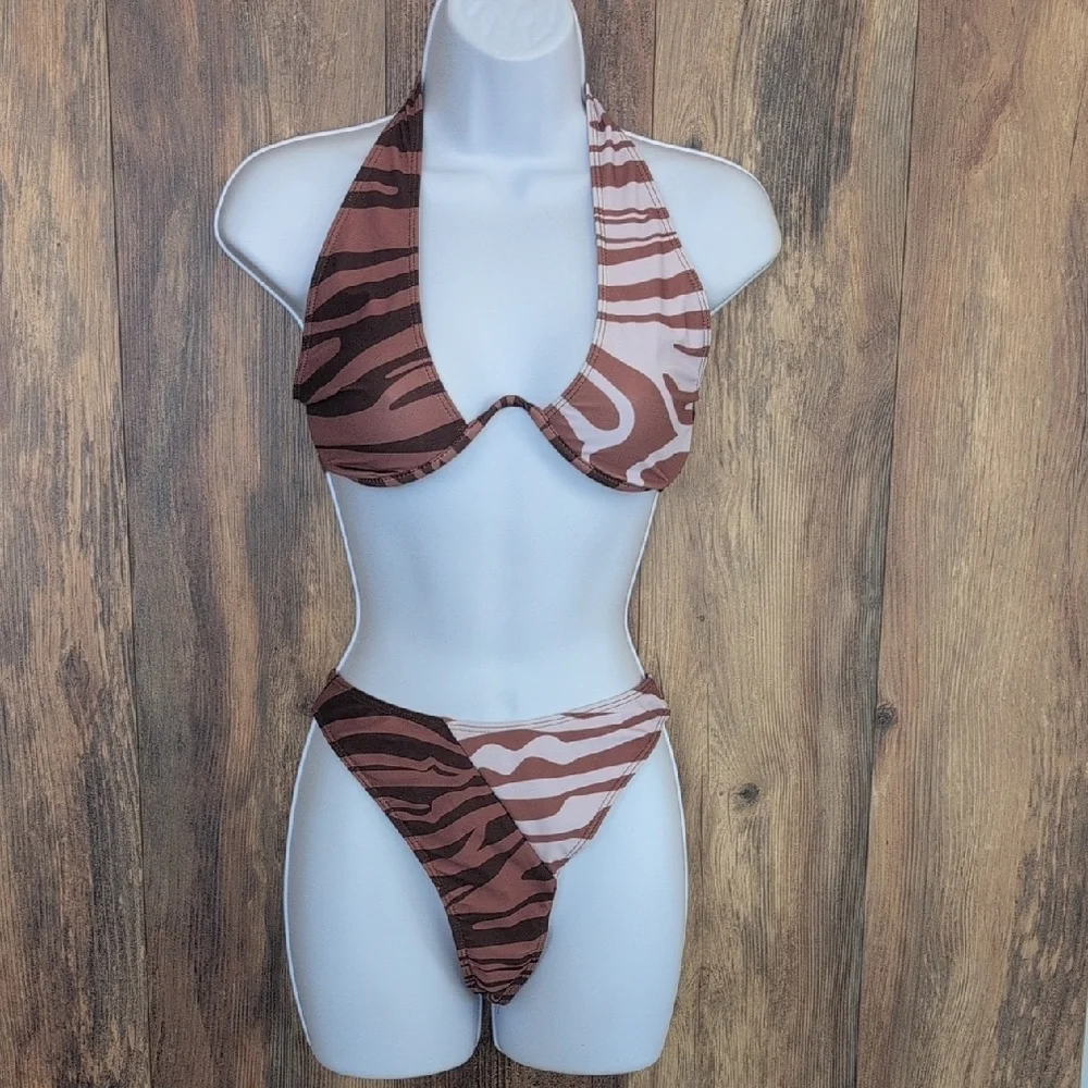 PrettyLittleThing Brown Zebra Print Bikini Set 8
